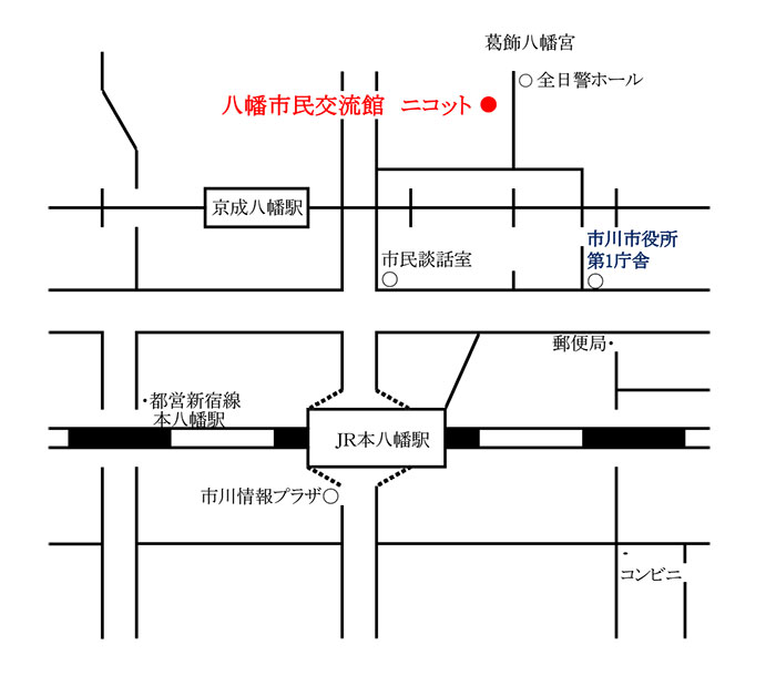 八幡市民交流館ニコットへの地図